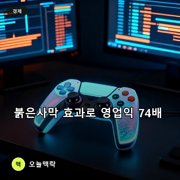 펄어비스 2분기 영업익 676억 원 기록, '붉은사막' 효과로 74배 급증 주제를 표현한 편집 이미지